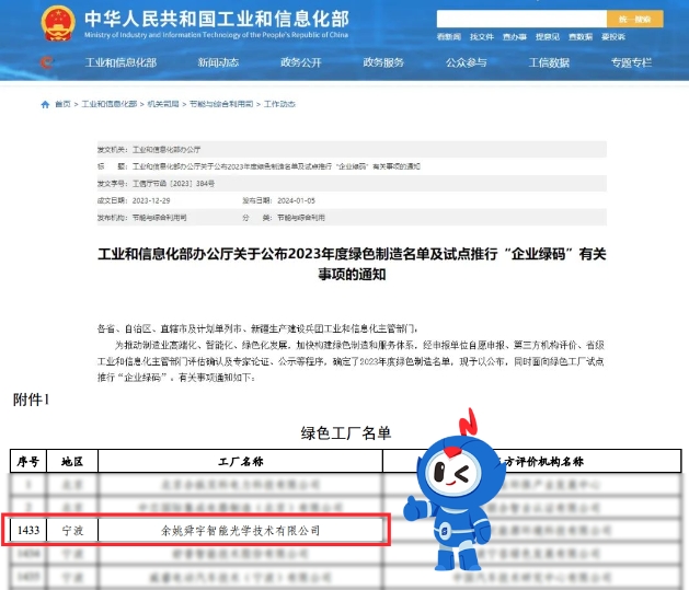 喜報 | 舜宇智能光學榮膺國家級“綠色工廠”！